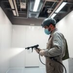 فني يقوم برش مبيدات لمكافحة الحشرات داخل منزل في حي المحمدية