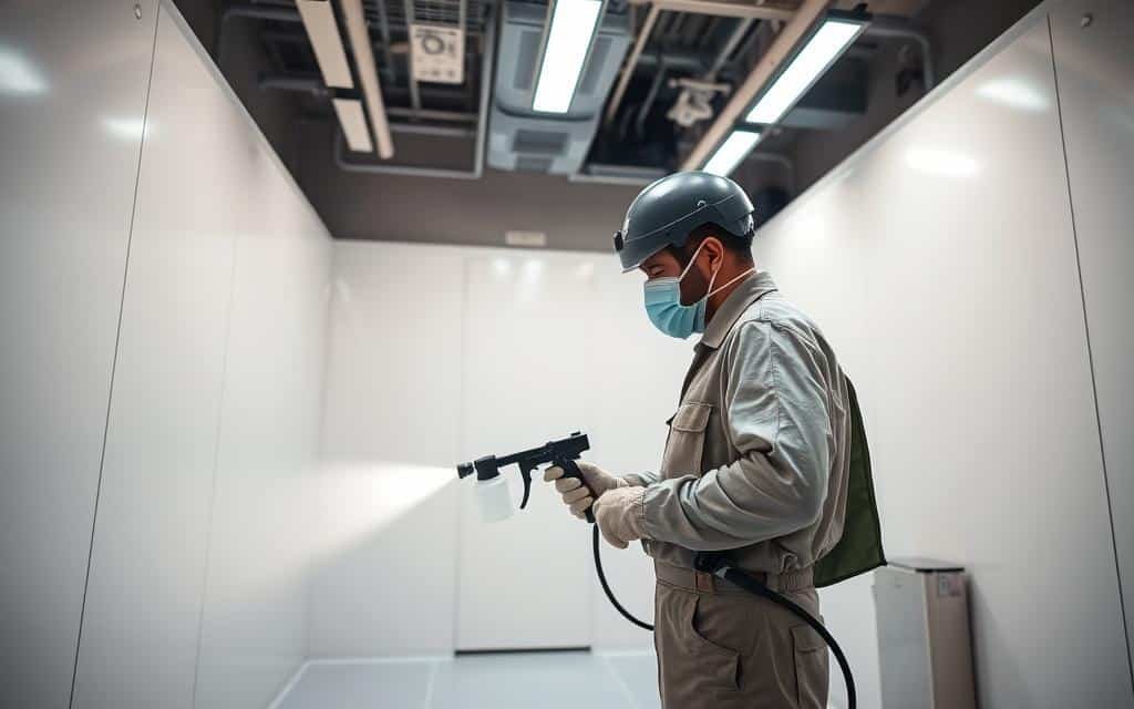 فني يقوم برش مبيدات لمكافحة الحشرات داخل منزل في حي المحمدية